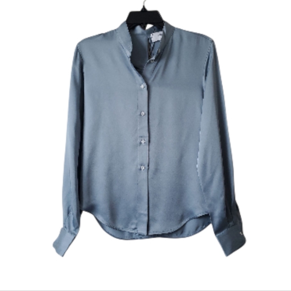 NWT RtA Blue Satin Twist Open Back Blouse XXS Draped Button Up Shirt